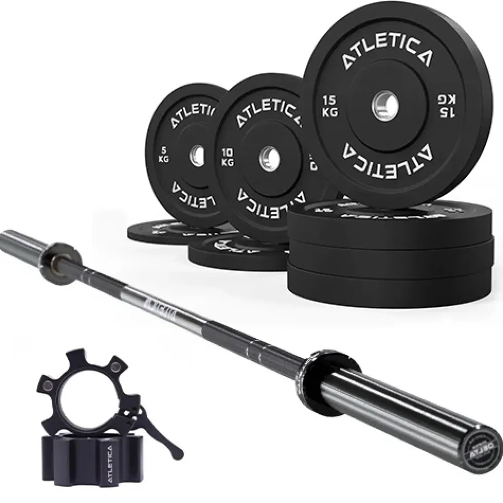 Langhantel Set Delta | Bumper Plates Schwarz 90kg | Aluminium Hantelverschlüsse