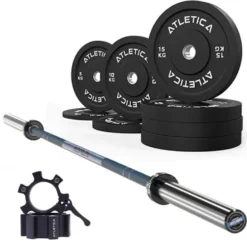 Langhantel SET Delta Dark Blue | 90kg Bumper Plates Schwarz | Alu Verschlüsse