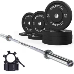 Langhantel SET Omega | Bumper Plates SET Schwarz 90kg | Aluminium Verschlüsse