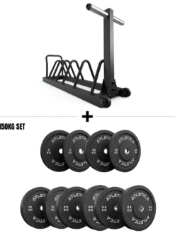 Tusker Set I Hantelscheibenablage & 150kg Black Bumper Plates