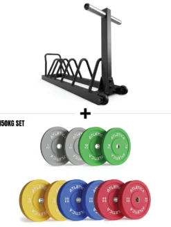 Tusker Vibe Set I Hantelscheibenablage & 150kg Color Bumper Plates